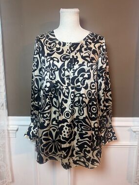 Hale Bob Silk Tunic Blouse Black Cream Floral Boho 70s Size S
